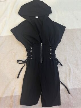 Black Hooded Lace-Up Romper Jumpsuit